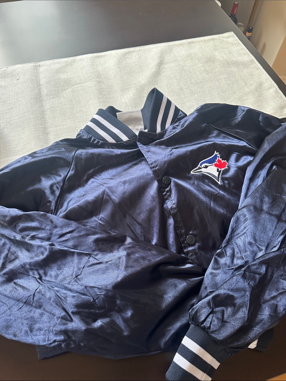 Blue Jays Navy Satin Bomber Jacket with Team Crest